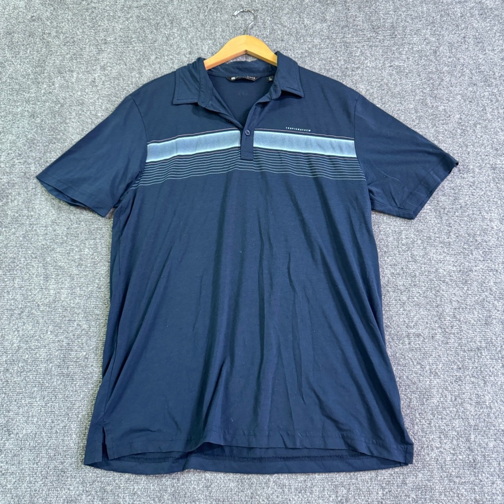 Travis Mathew Polo Golf Shirt Mens L Short Sleeve Striped Blue Gray Outdoor